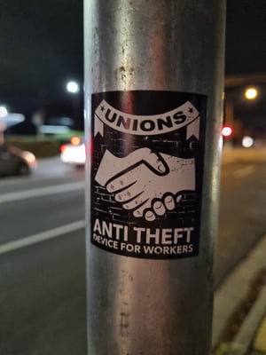 Image of "Unions: anti theft devices for workers" sticker, 10pk