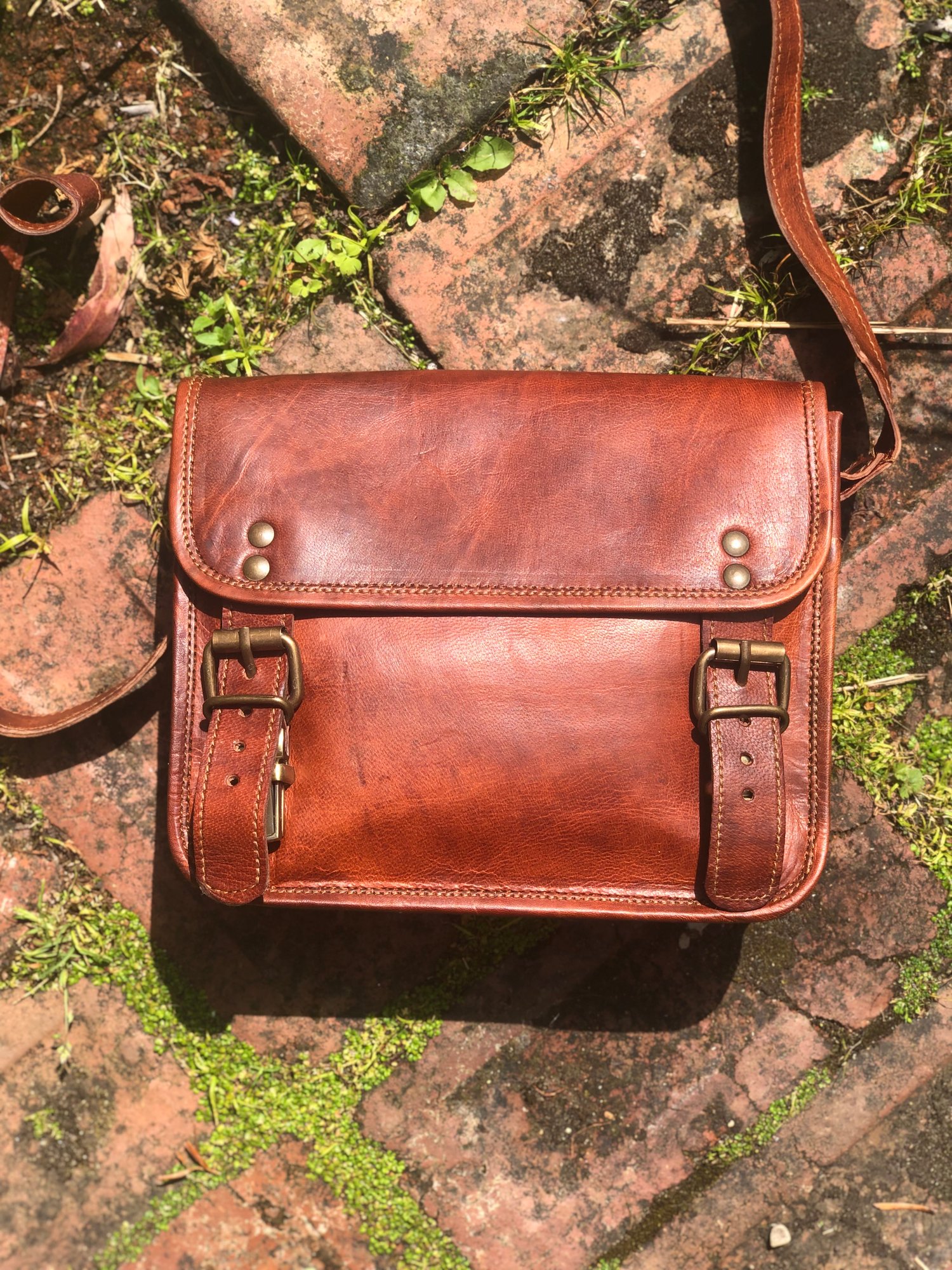 Image of 9”x7” - Small Handmade Leather Buckled Satchel - square, no pocket