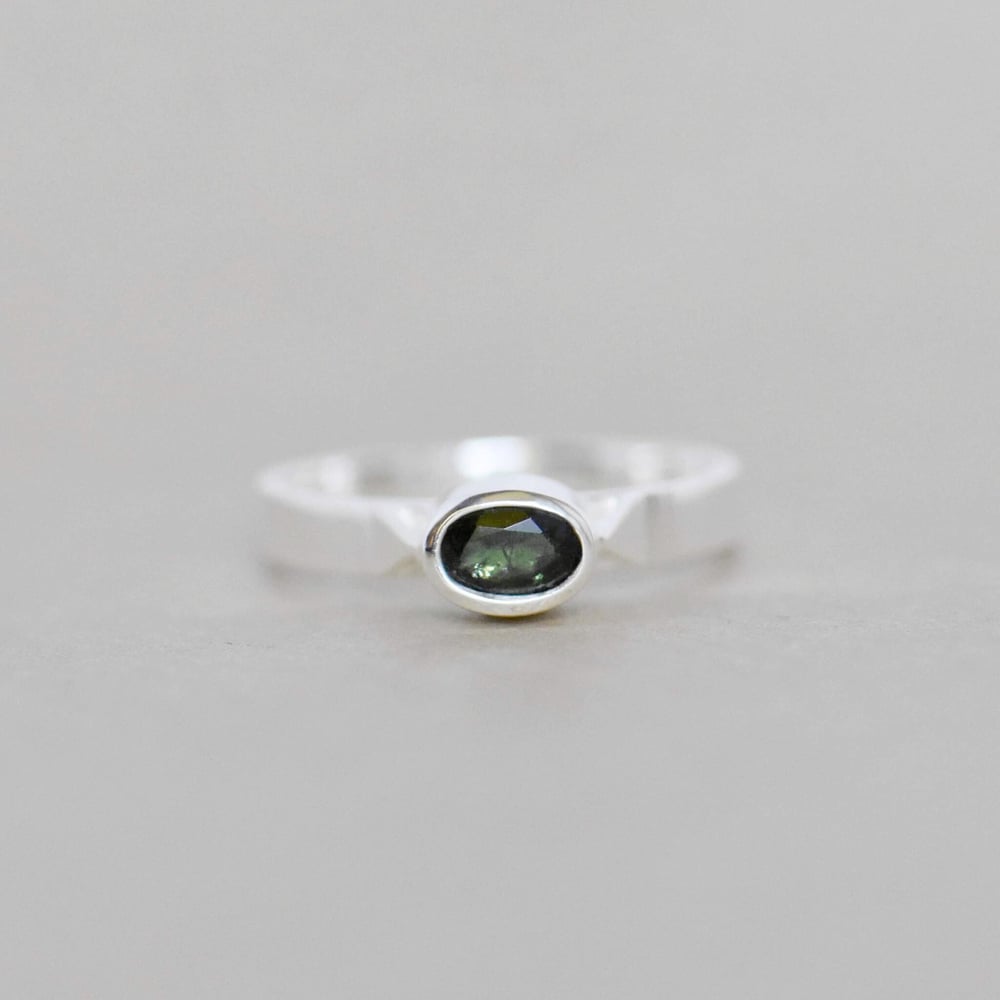 Image of Bluish Green Tourmaline oval cut flat band silver ring
