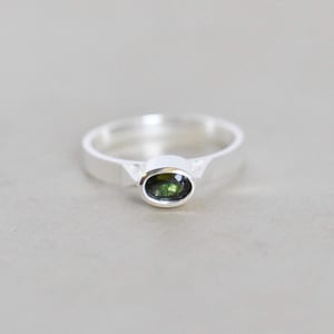 Image of Bluish Green Tourmaline oval cut flat band silver ring
