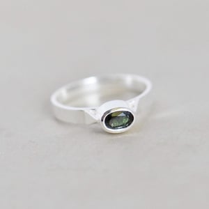 Image of Bluish Green Tourmaline oval cut flat band silver ring