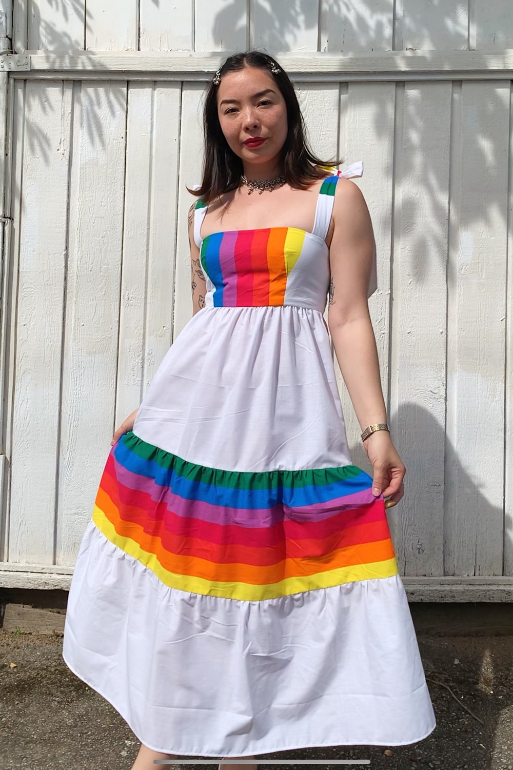 Image of Tie Shoulder Tiered Dress — Rainbow