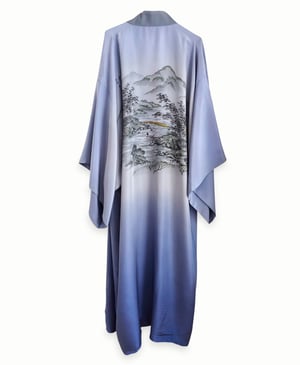 Image of Herrekimono af dueblå silke med tegninger - vendbar
