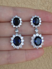 Image 3 of Kate Middleton Duchess of Cambridge Inspired Replikate Sapphire Oval Double Drop Earrings