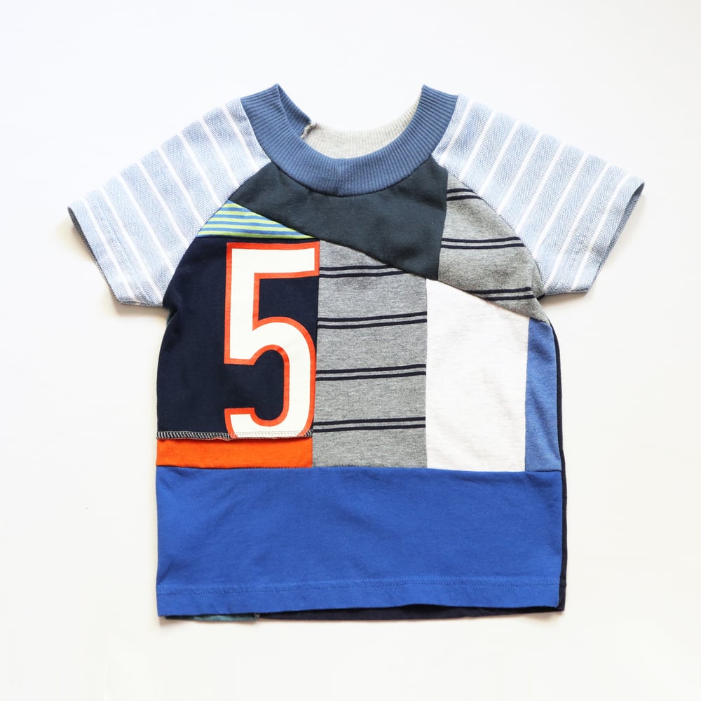 Image of patchwork blue stripe five 5 5th fifth bday party birthday courtneycourtney tshirt tee boys