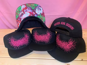 Image of Officially Licensed Gorepot "School Girl Sashimi" PINK LOGO Cover Art Under Brim Print Snapbacks!!