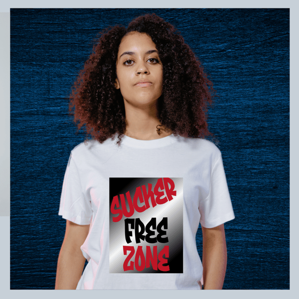 Image of Female "Sucker Free Zone" White Tee with Bk & Red Print 