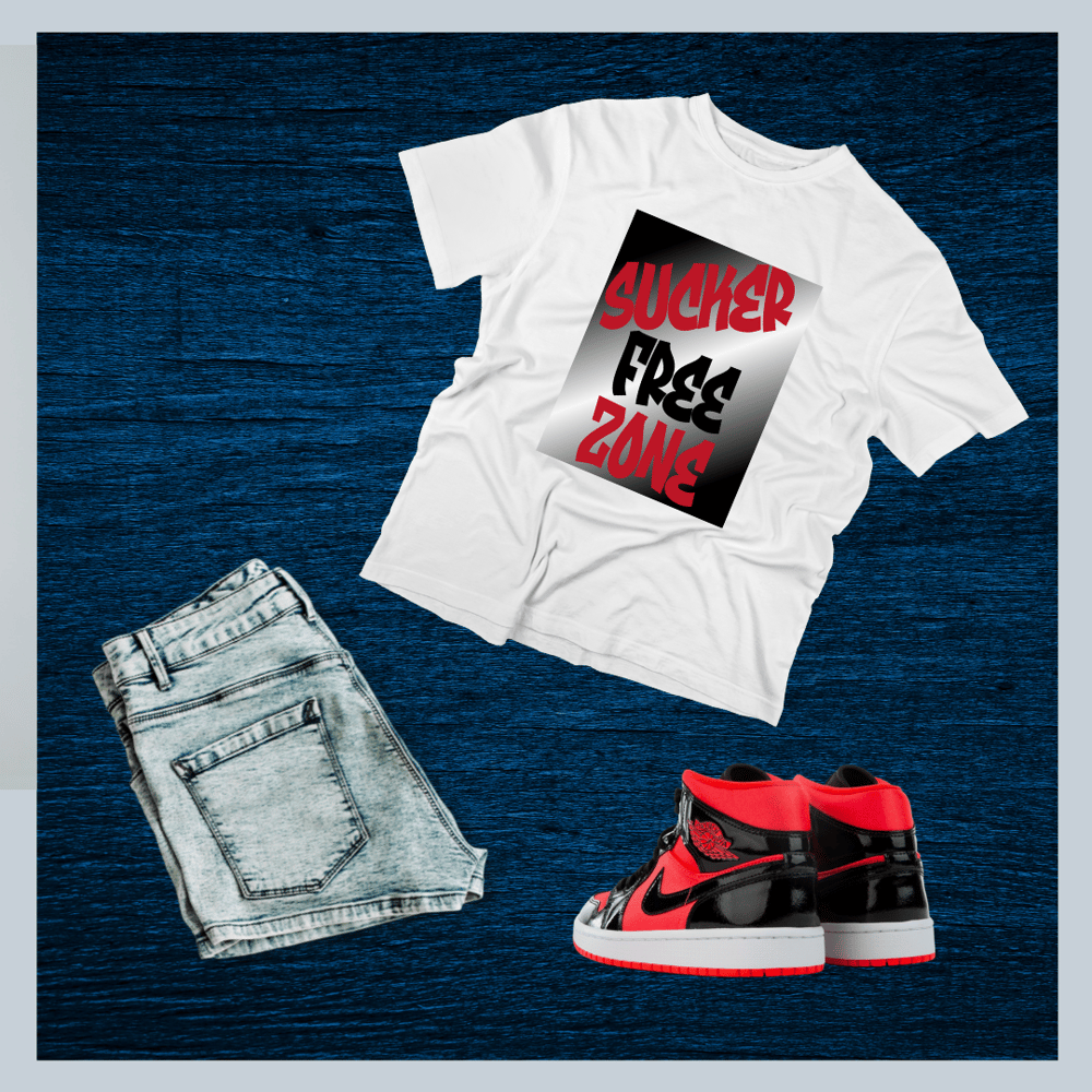 Image of Female "Sucker Free Zone" White Tee with Bk & Red Print 