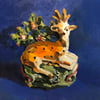 Staffordshire deer on a blue ground