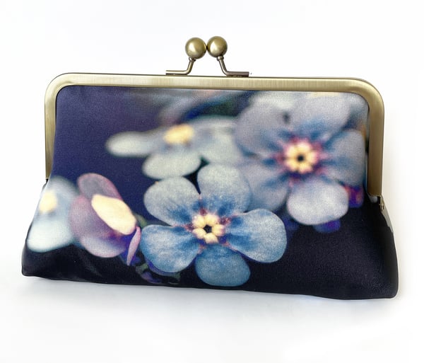 Image of Forget-me-not, printed fabric clutch bag with optional chain handle
