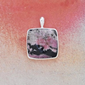 Image of Big Rhodonite cushion shape cabochon cut silver necklace