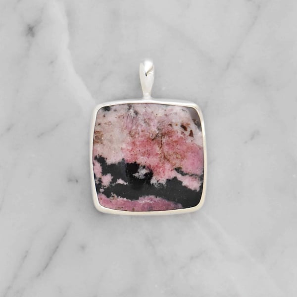 Image of Big Rhodonite cushion shape cabochon cut silver necklace