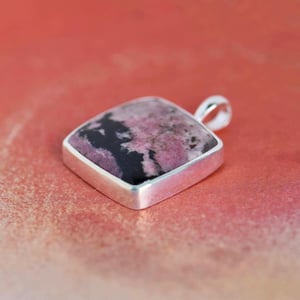 Image of Big Rhodonite cushion shape cabochon cut silver necklace