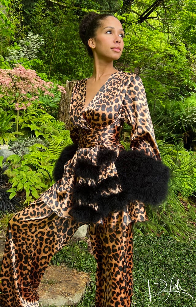 Image of Leopard "Beverly" Lounge Suit w/ Marabou Cuffs