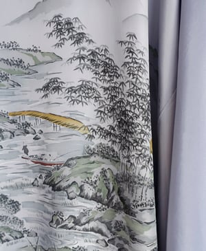 Image of Herrekimono af dueblå silke med tegninger - vendbar