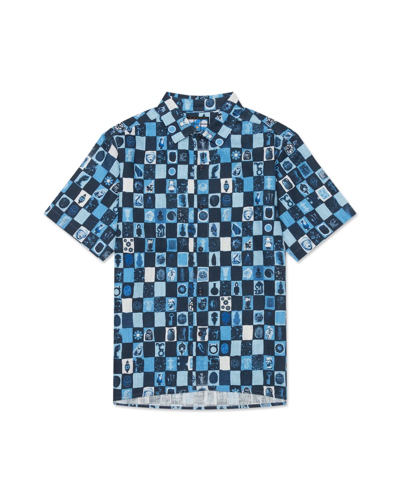 Image of Vincenzo Shirt in Cerulean Archive Check Linen <s>$175</s>