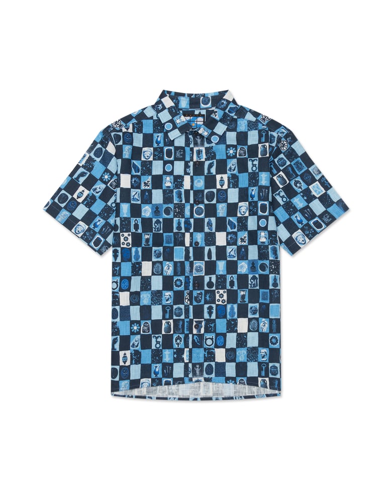 Image of Vincenzo Shirt in Cerulean Archive Check Linen <s>$175</s> 