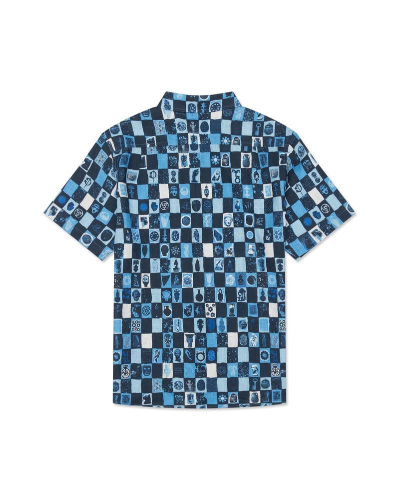 Image of Vincenzo Shirt in Cerulean Archive Check Linen