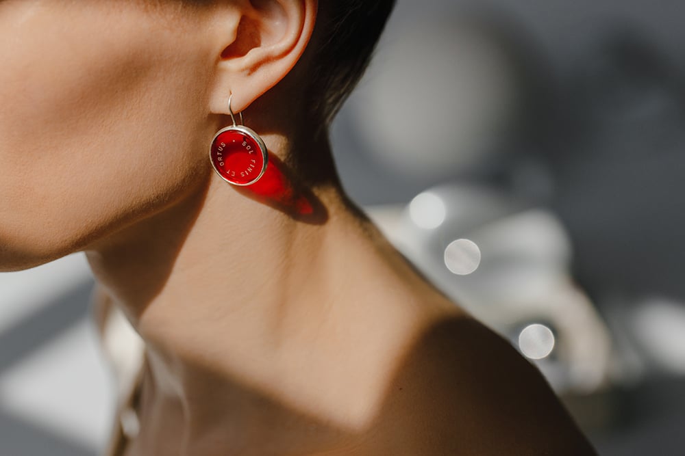 Image of "Sun is the end and the .." silver earrings with red acrylic glass 20mm · SOL FINIS ET ORTUS ·