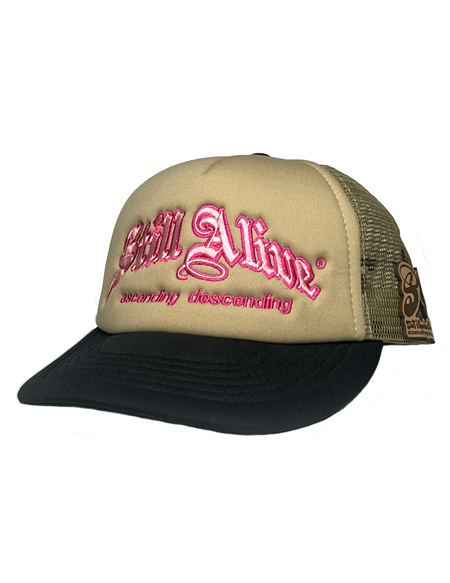 Image of ascending + descending camo Trucker by. STILLALIVE ® (pink)