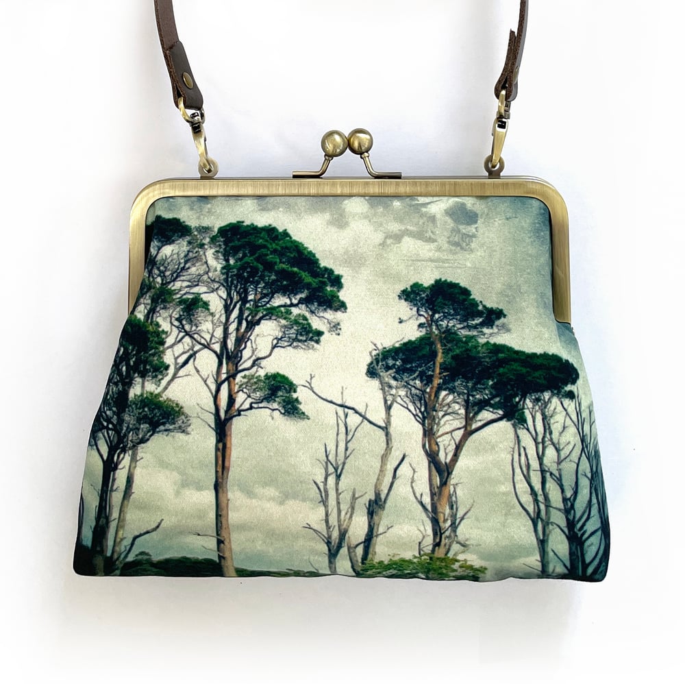 Image of Scots pine, large kisslock bag with optional chain or crossbody leather strap