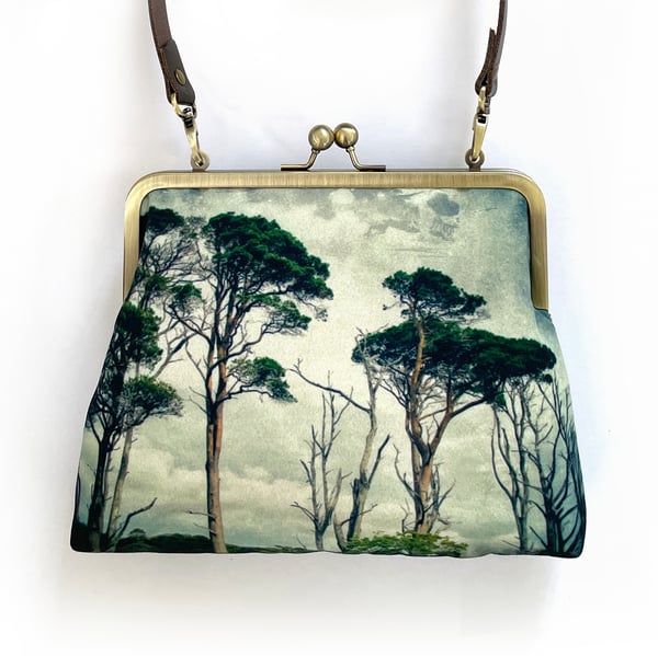 Image of Scots pine, large kisslock bag with chain or crossbody leather strap