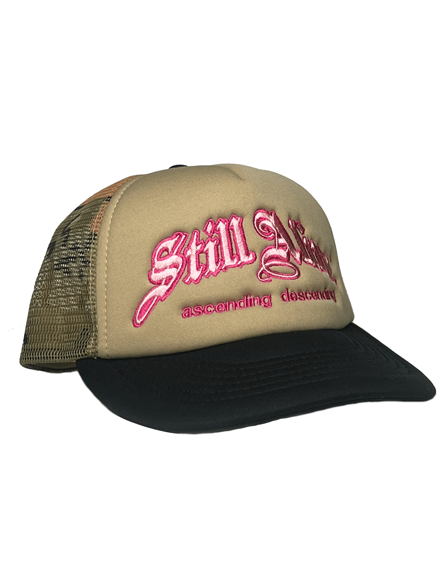 Image of ascending + descending camo Trucker by. STILLALIVE ® (pink)