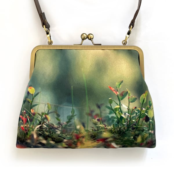 Image of Woodland glade, large kisslock bag with chain or crossbody leather strap