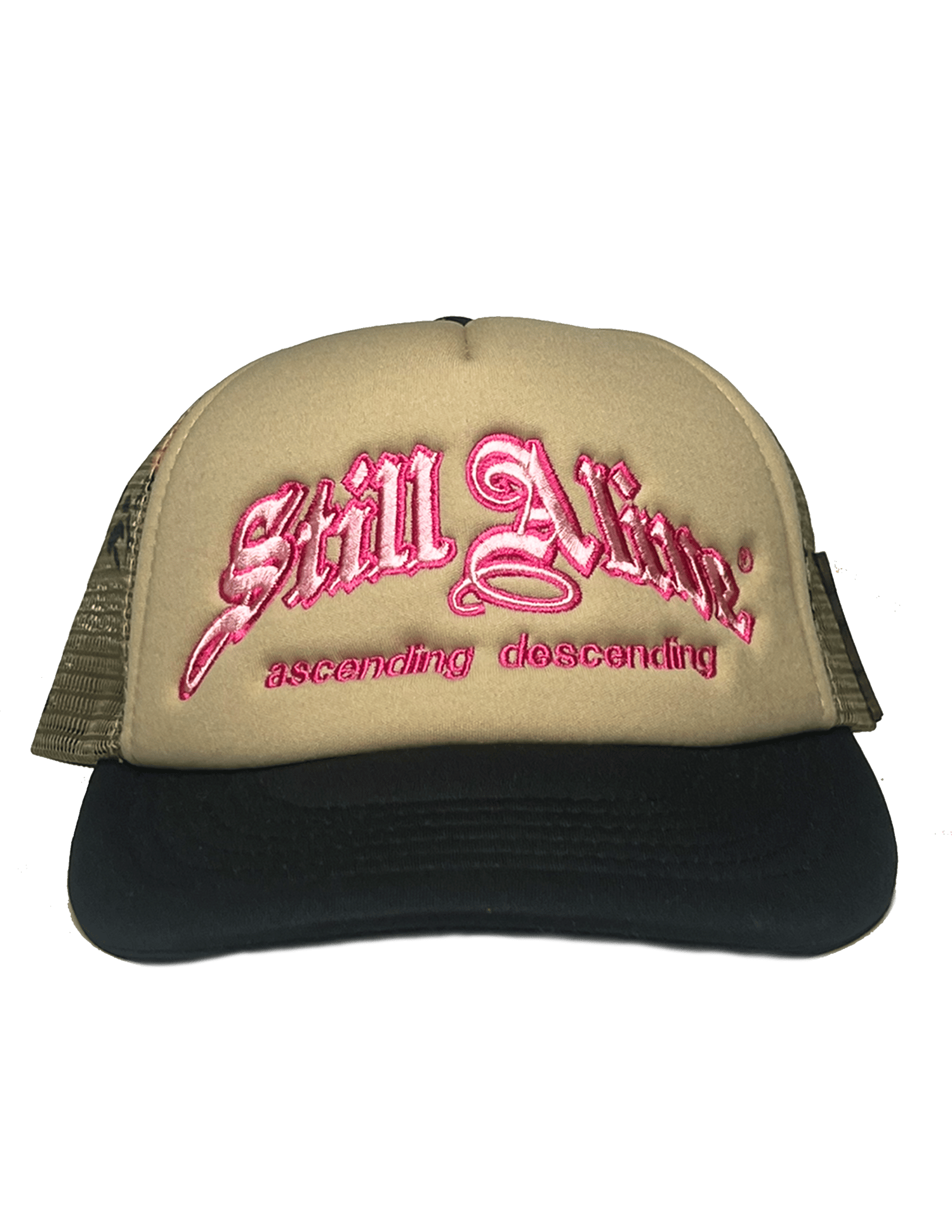 Image of ascending + descending camo Trucker by. STILLALIVE ® (pink)