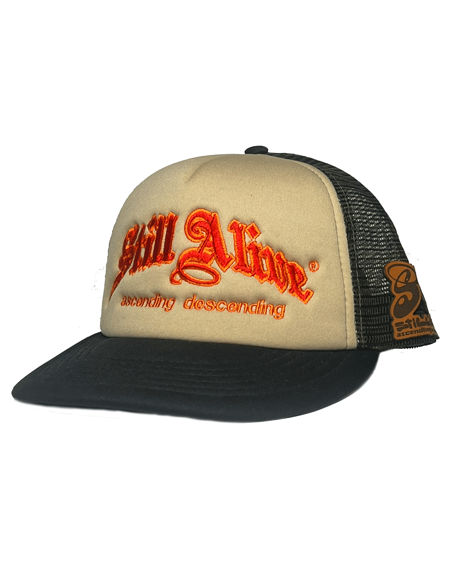 Image of ascending + descending camo Trucker by. STILLALIVE ® (red)