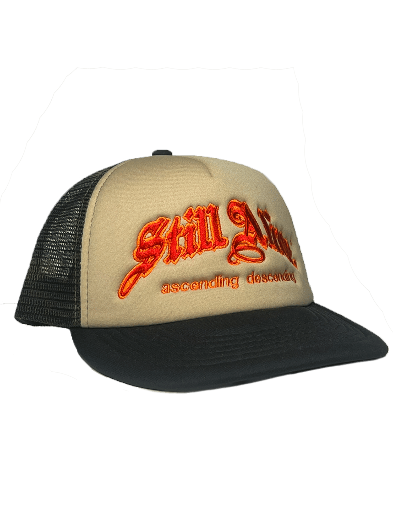 Image of ascending + descending camo Trucker by. STILLALIVE ® (red)