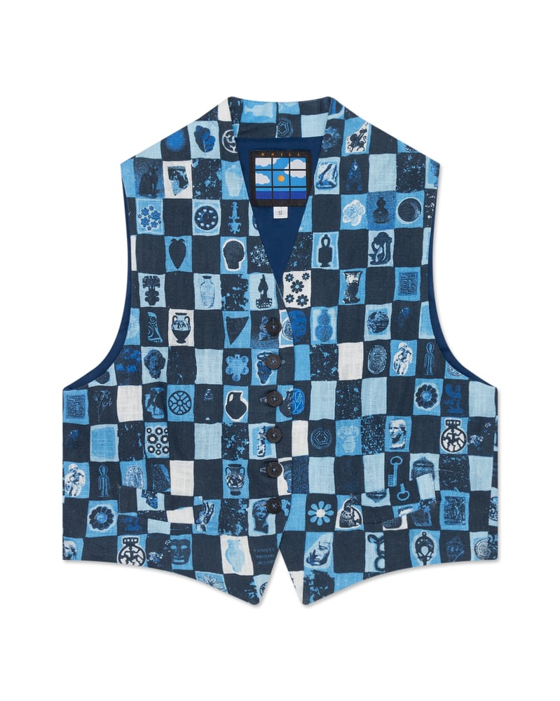 Image of Lewis Vest in Cerulean Archive Check Linen