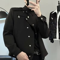 Image 5 of Men Spring Fall Diagonal Button Stand Collar Jacket Korean Trendy Cropped Raw Hem Coat Black Asymmet