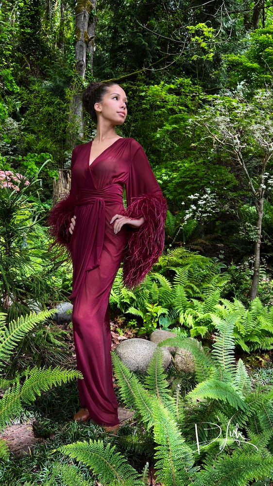 Image of Deep Wine Sheer Selene Ostrich Dressing Gown 10% OFF DISCOUNT CODE: FEMMEFATALE