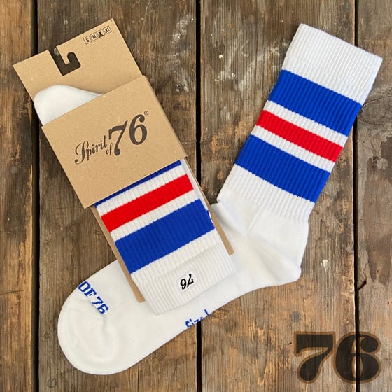 Image of Spirit of 76 RETRO SOCKS "ROYAL RED ON WHITE" LO