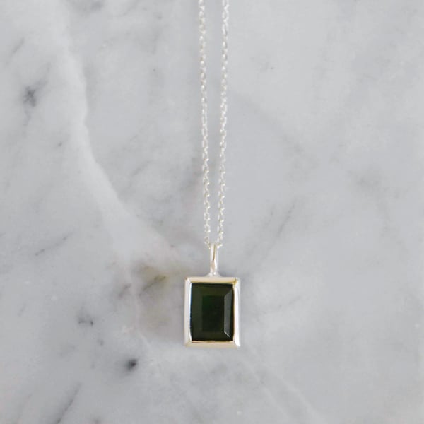 Image of Vietnam Green Jade rectangular cut silver necklace