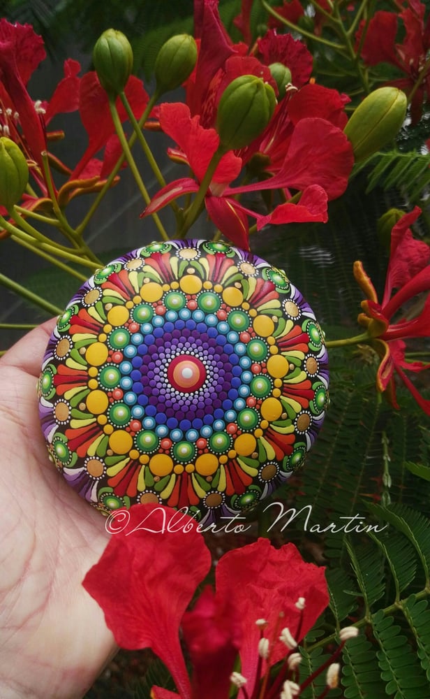 Image of SPRING 2-2022. Rainbow Mandala painted stone by Alberto Martin.  Mandala stone