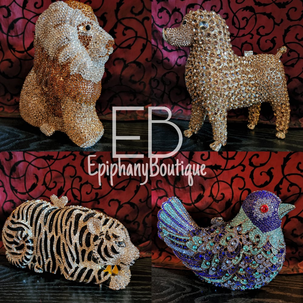 Image of Ornate Crystal Clutches: Tiger, Lion, Poodle & Blue Bird