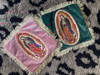 Image 10 of Pink Velvet Cushion with Virgin of Guadalupe appliqué patch