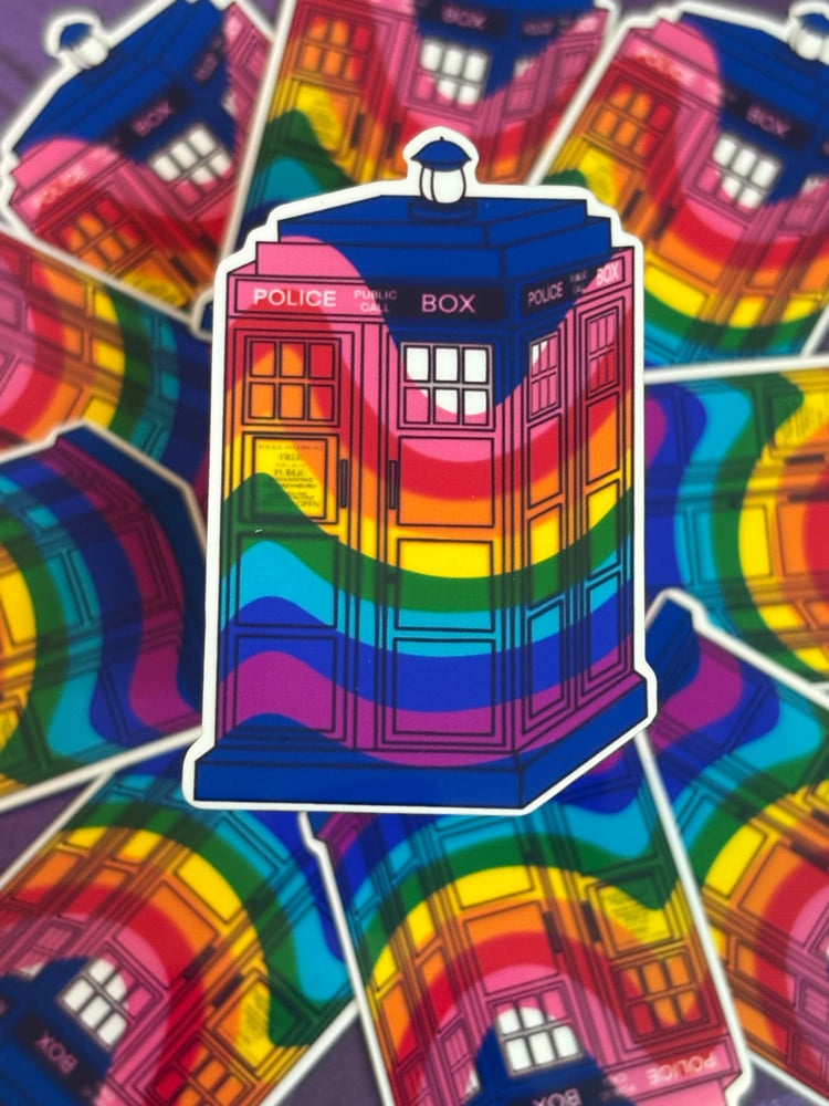 Image of Gilbert Baker Pride Tardis Sticker