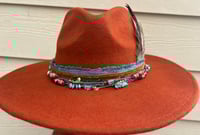 Image 1 of Orange Fedora Hat, Layered Bead and Feather Band