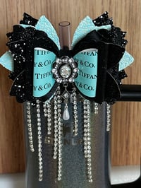 Image 1 of Designer Inspired Teal and Black Tumbler Straw Topper Bow