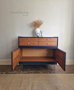 Image of Gorgeous Nathan Sideboard in Midnight Blue and Walnut drawers.