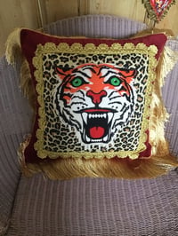 Image 7 of Red Velvet Leopard Tiger Patch Fringed Cushion Cover