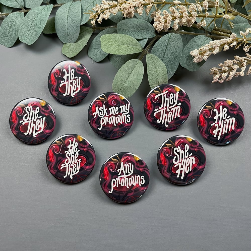 Witchy Pronouns Button / Red Version