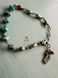 Image 10 of silvery pearl and turquoise nugget charm bracelet with adjustable chain