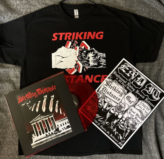 Image of STRIKING DISTANCE "MARCH..." LP on RED VINYL w/Paste-On Cover & "SMASH RACISM" SHIRT w/SHOW PRINT
