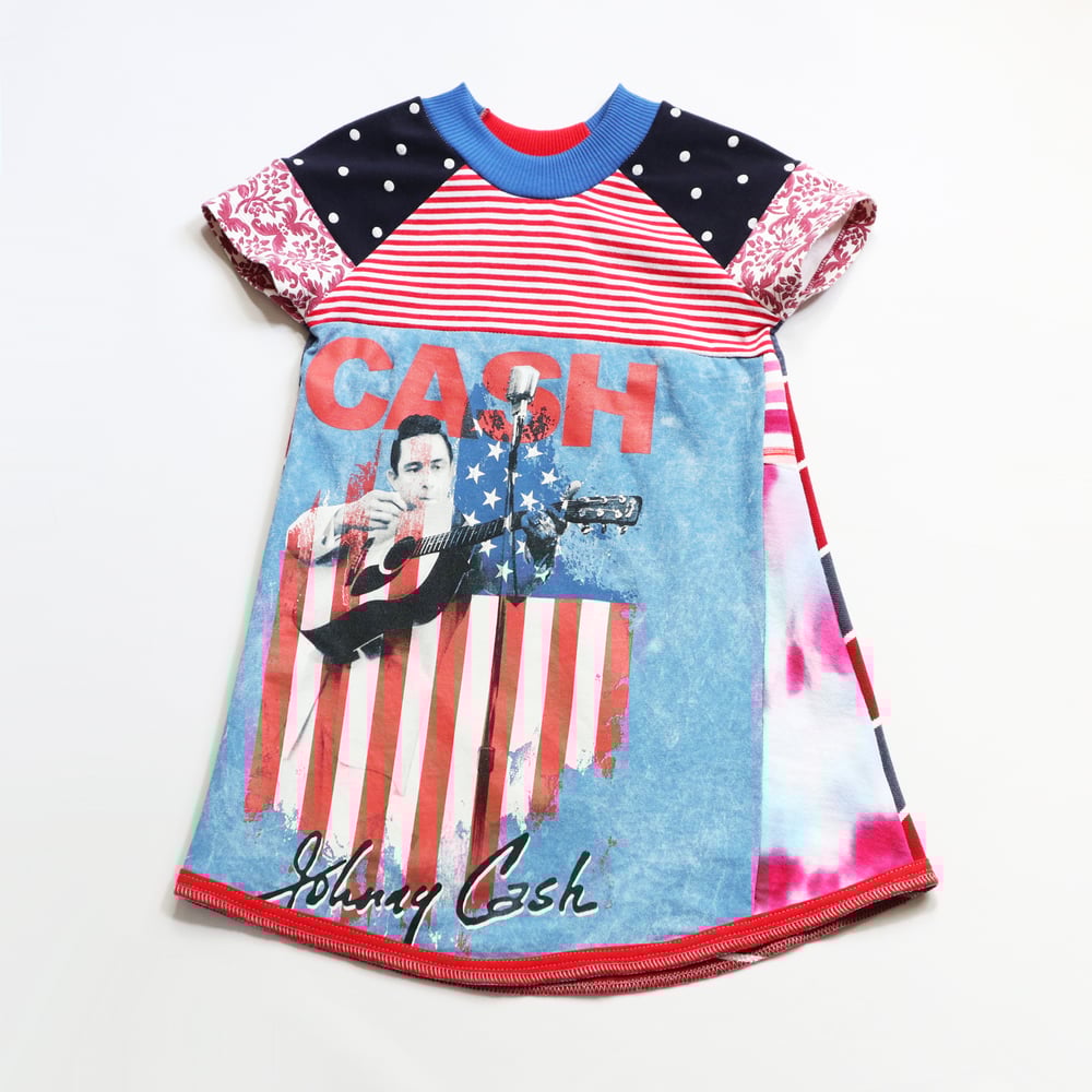Image of johnny cash 3T courtneycourtney short sleeve dress red blue pink polka dot usa patchwork