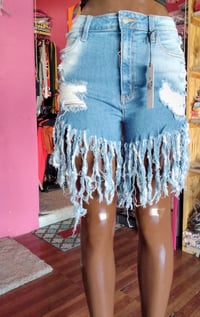 Image 1 of DENIM FRINGED BOTTOM SHORTS  8165