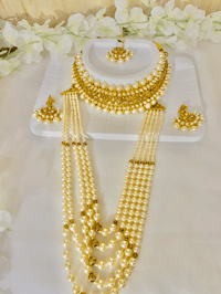 Image 3 of White and Gold Pearl Delight Kundan Set (choker, maala, earrings, tika)